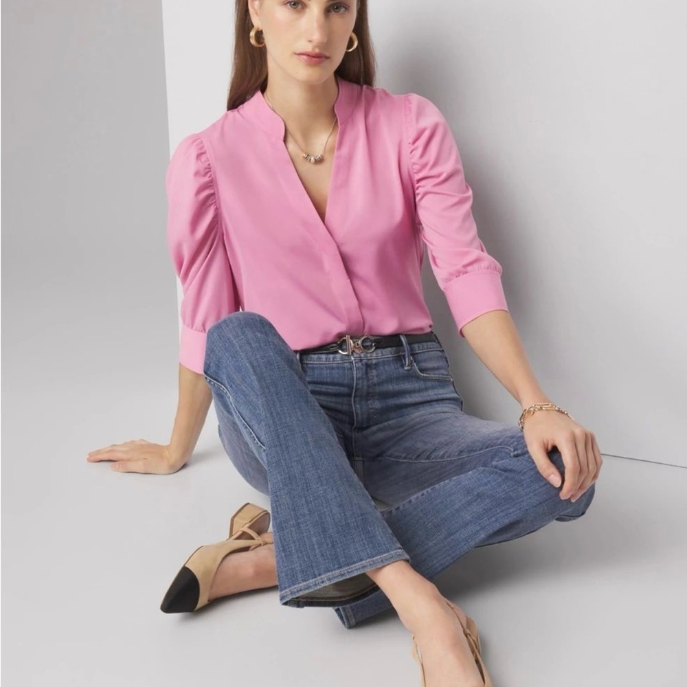 White House Black Market Pink Fitted Puff Sleeve Blouse - Picture 2 of 9